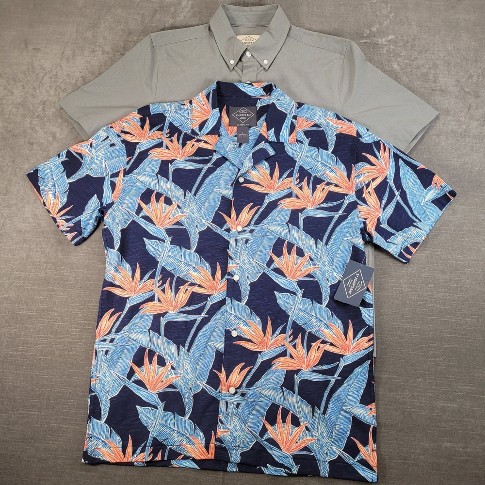 St Johns Bay Mens Short Sleeve Button‎ Up Shirt Tropical Blue Sz S Lot of 2